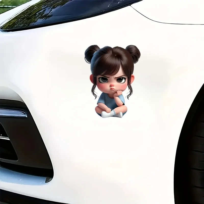 Grumpy Thinking Girl 2D Flat Vinyl Sticker, Cartoon Decal for Car Laptop Water Bottle Helmet Luggage Wall