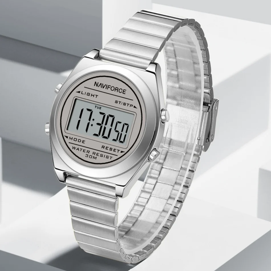 

NAVIFORCE Роскошные женские цифровые часы с ЖК-дисплеем и светящимся днем и датой, 30 м, водонепроницаемые наручные часы с ремешком из нержавеющей стали