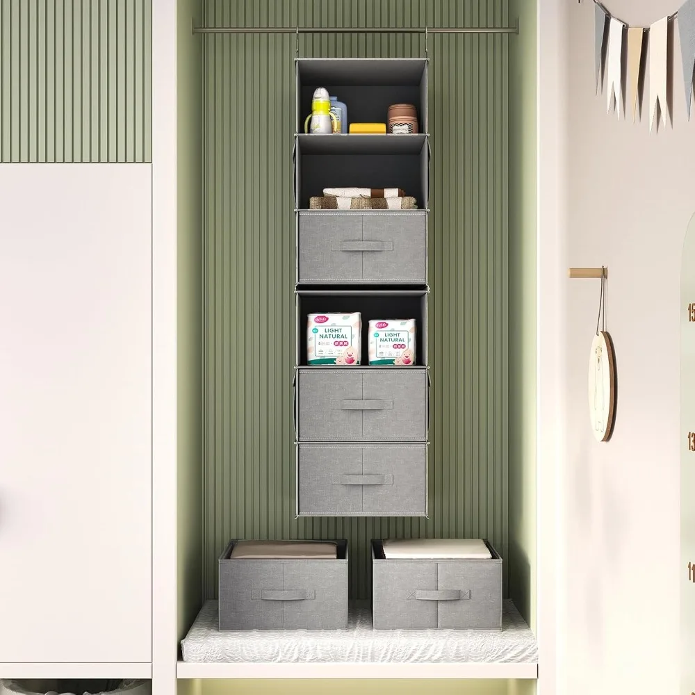 أرفف معلقة مكونة من 6 طبقات للخزانة، منظم خزانة معلق مكون من 3 أرفف مع 4 جيوب جانبية و3 أدراج، قابل للتدمج في النوم #2