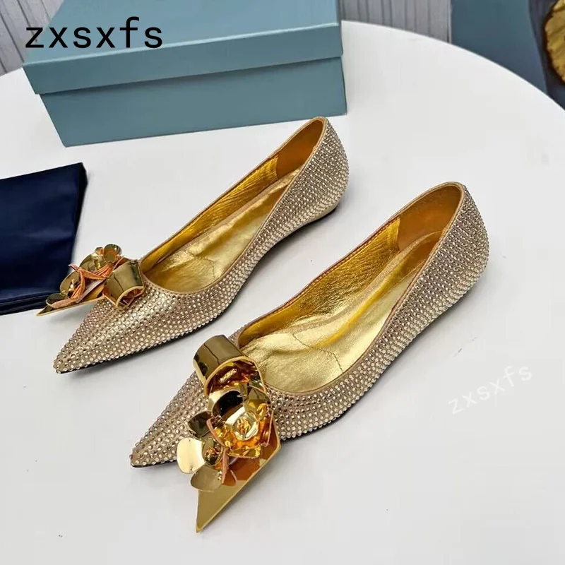 

2023 Summer New High Quality Leather Crystal Women Loafers Pointed Toe Flats Shoes Brand Sexy Outside Shoes Mujer