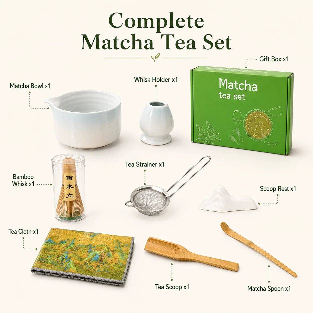 Set Completo de Matcha de 8 Piezas en Azul Degradado con Cuenco de Cerámica, Batidor de Bambú, Soporte para Batidor, Colador, Cuchara para Matcha, Reposacucharas y Paño de Té, Kit de Matcha de Estilo Japonés para el Ho