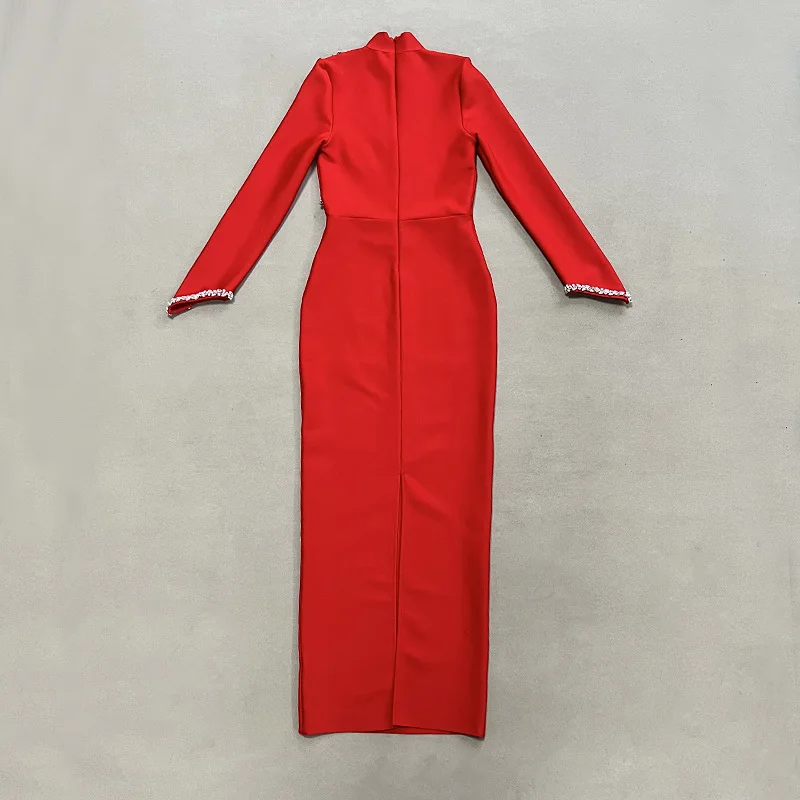 Brillant cristal moulante longue robe de pansement noir rouge femmes à manches longues robes élégante soirée Cocktail tenue Vestido