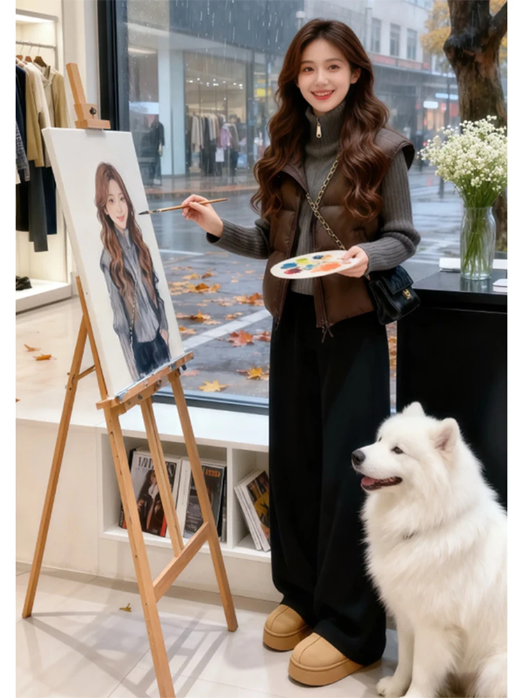 

Autumn Winter Faion Set Zipper Collar Sweater Retro Cotton Vest Jaet Pants Tee Piece Set Women's Casual Warm Thiened ...