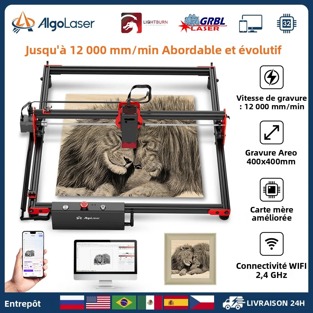 Algolaser Kit de bricolage 5W 10W, machine de gravure laser, prise en charge de la gravure laser hors ligne par téléphone et Wifi, gravure sur métal, bois, verre, cuir, acrylique