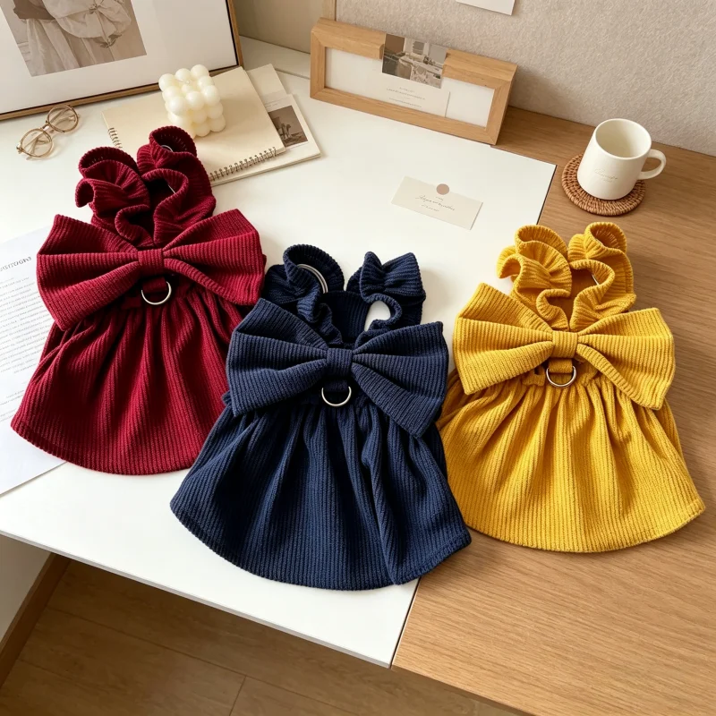 Vestido de lujo de pana con lazo para perros, gatos y caniches - imagen 2