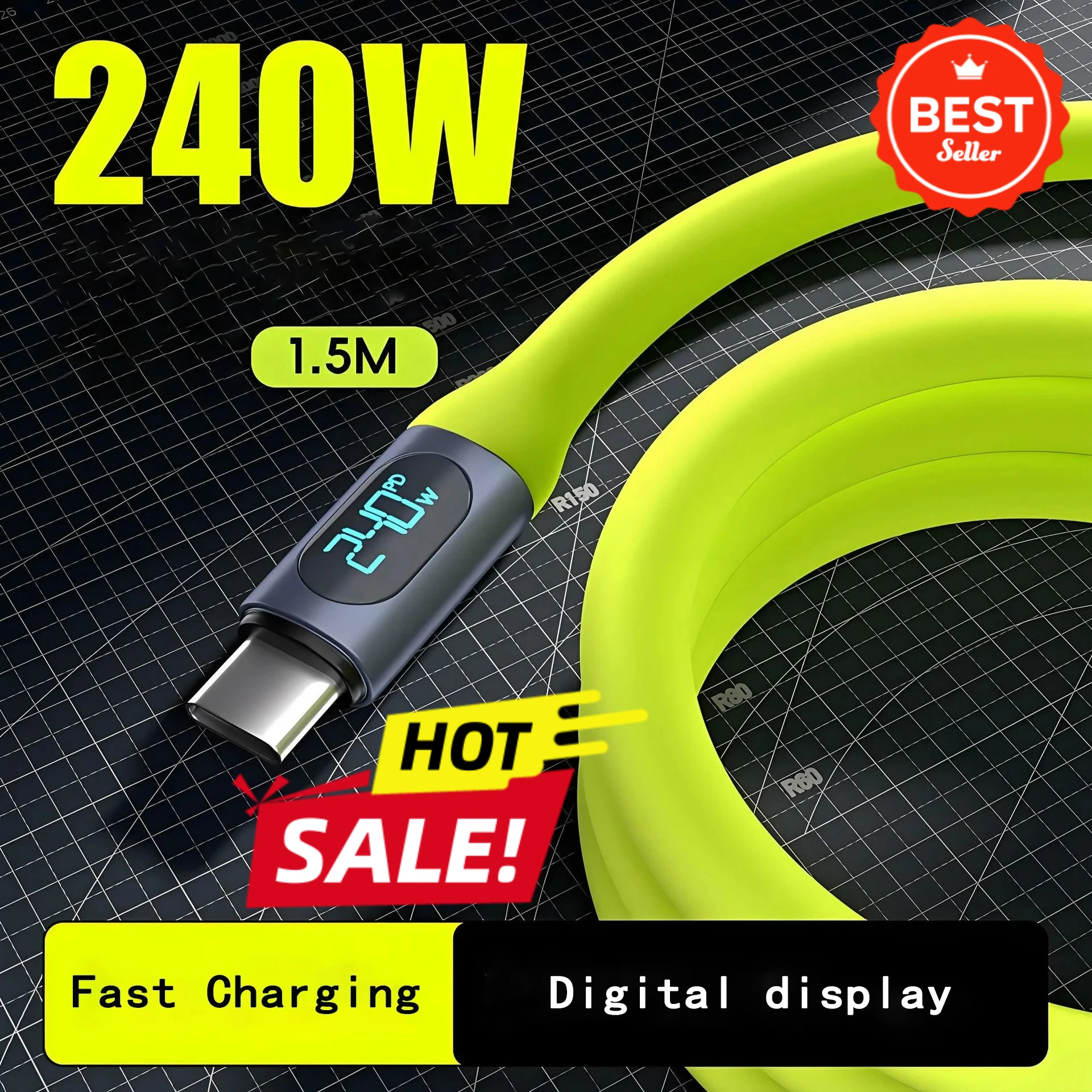 240WFast Charging USB C Cable with Digital Display Power Meter For iPhone 15 16 Xiaomi Samsung Huawei Phone 1.5M Liquid Silicone