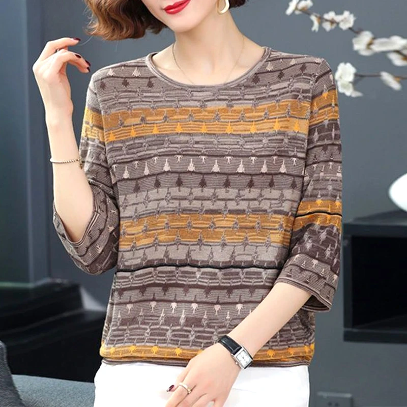 Loose Three Quarter Sleeve T-Shirts Spring Summer Thin Gauze Fashion Round Neck Printing Women's Clothing 2024 Pullovers Grace