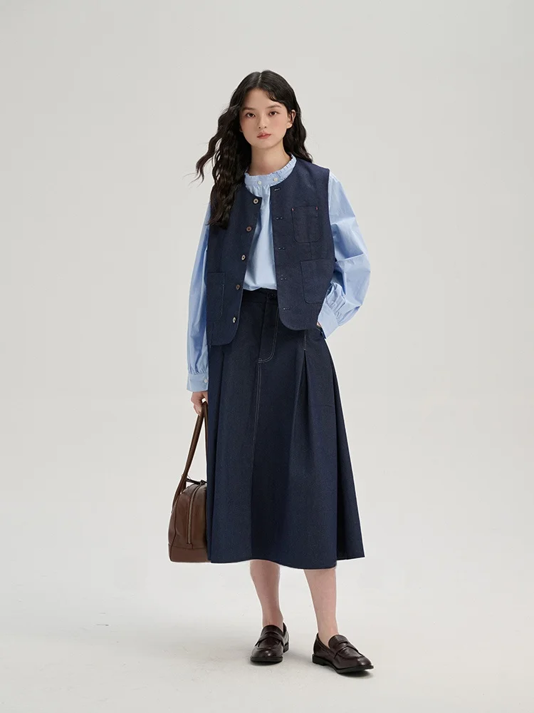 

Spring Faionable Denim Set Vest Jaet Midi Skirt Women Lazy Sle Loose Two-Piece Set Long Sve Mid-Length Spring Outfit