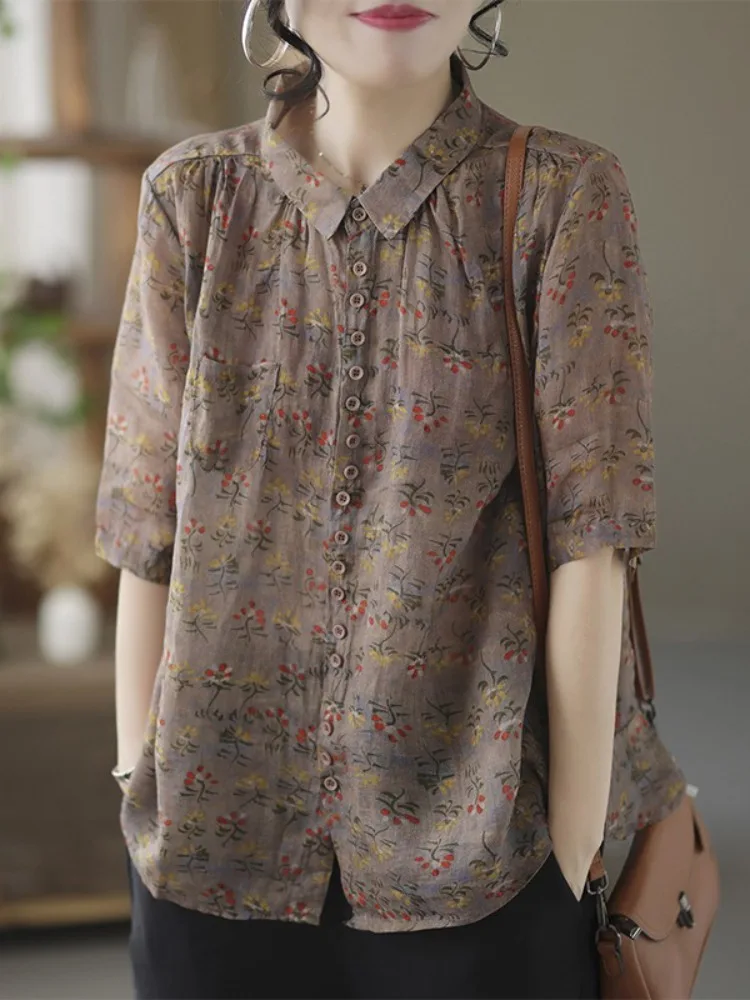 

Повседневная хлопково-льняная рубашка с коротким рукавом, отложным воротником, цветочным принтом, свободного кроя, летняя, тонкая, женская, модная, стандартной длины, на пуговицах