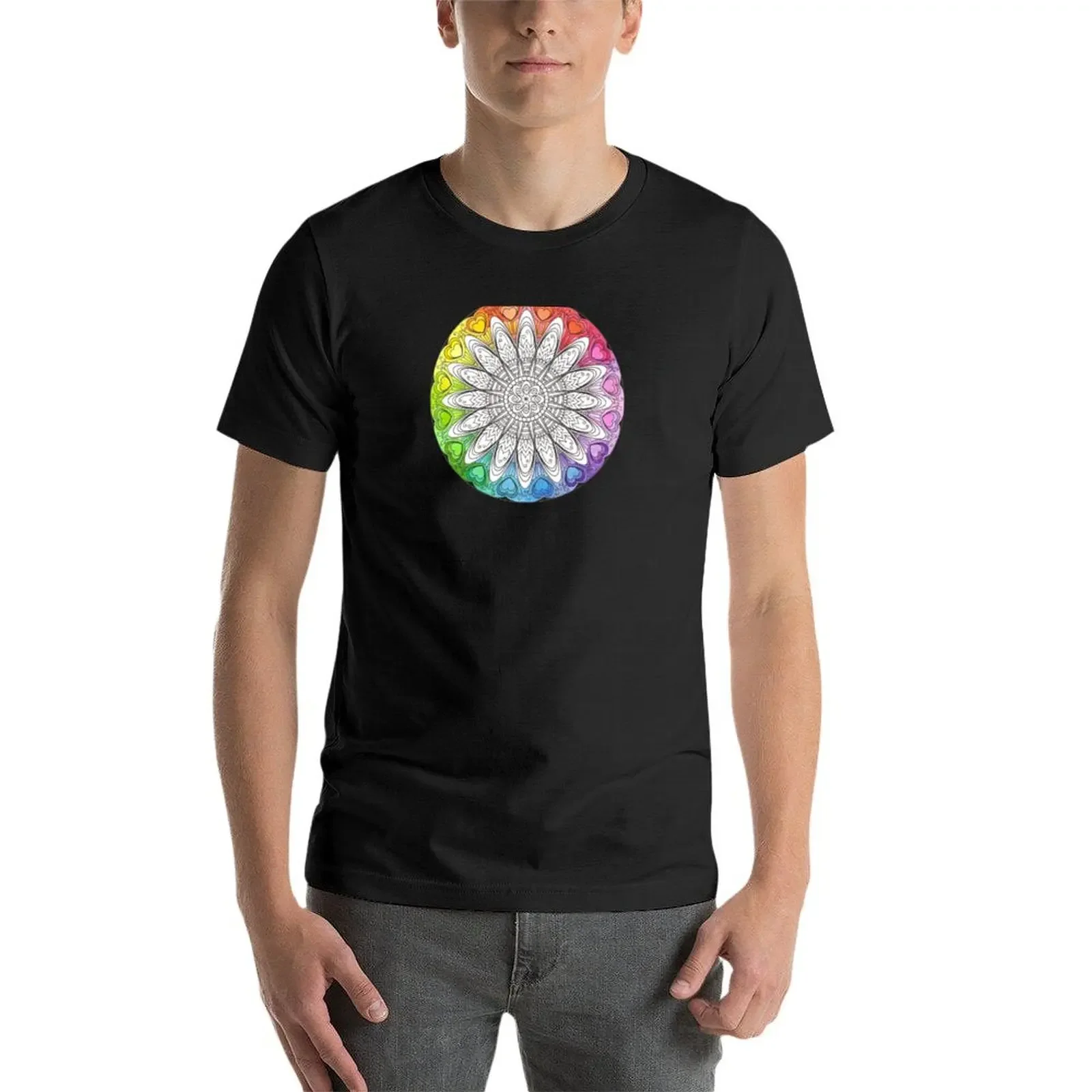 T-shirt Mandala coloré arc-en-ciel pour hommes, design dessiné à la main, impression animale pour garçons, grande taille, vêtements pour hommes