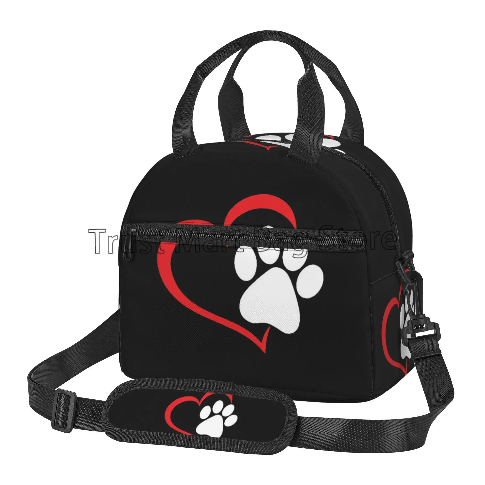 Dog Paw Insulated Lunch Bag for Kids Women Red Love Heart Puppy Paw Lunch Box with Shoulder Strap Resuable Thermal Bento Bag