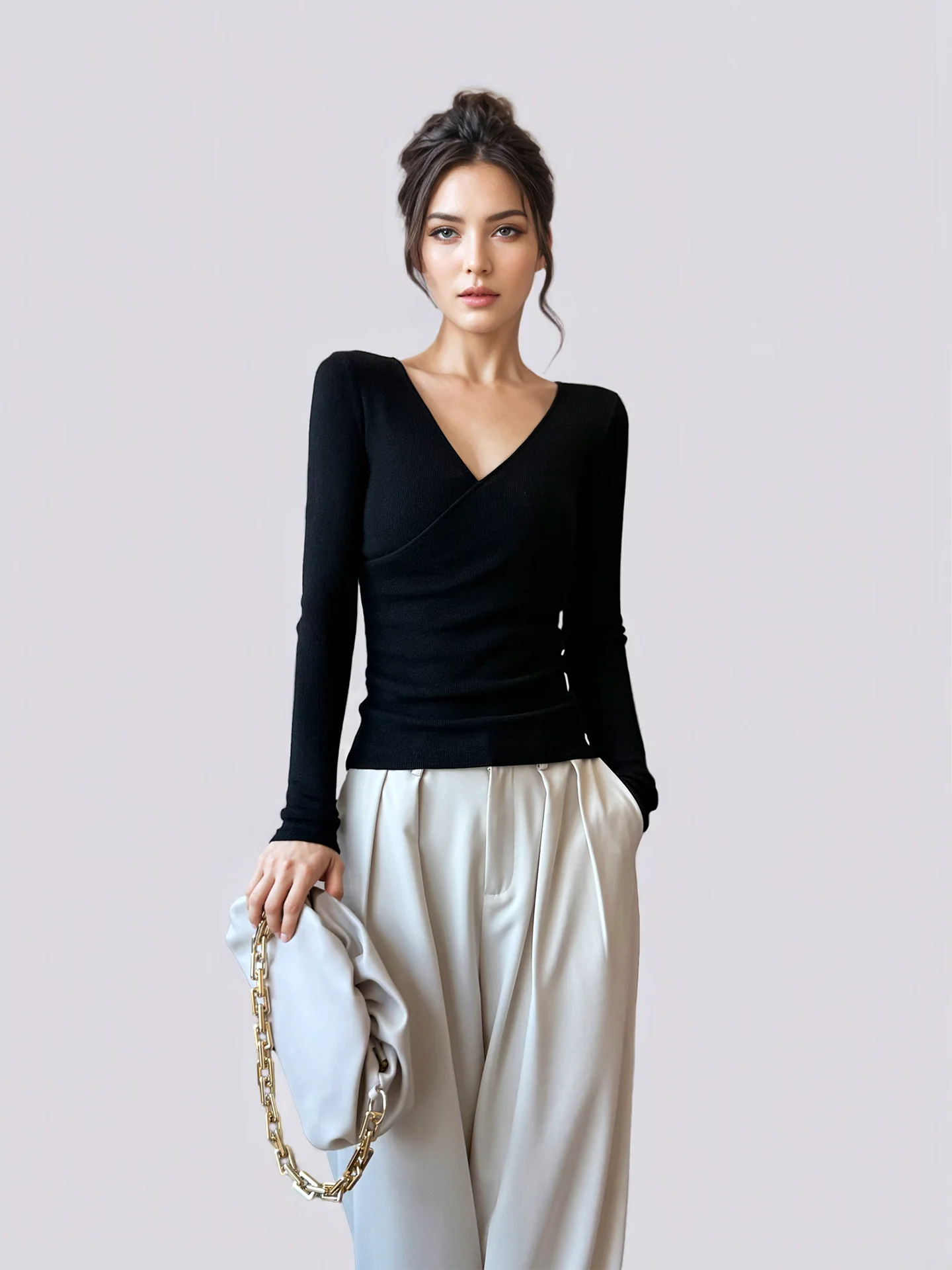 

ANGJIA Vintage Knitted Sweater V-Ne Cross Waist Slimming Base irt Women's Faionable Soft Knitwear Daily Commute Sle