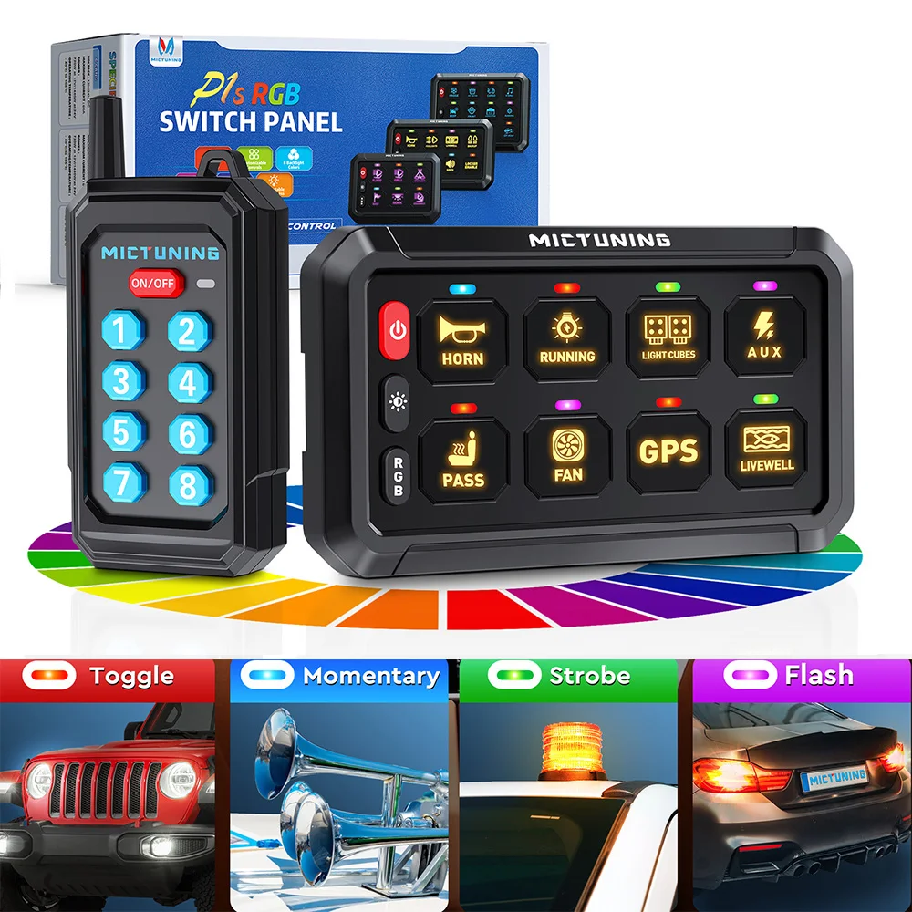 

MICTUNING P1Y Advanced 8-Zone Toggle Switch Panel with Wireless Remote, RGB Illuminated Momentary Relay Control Module for Car