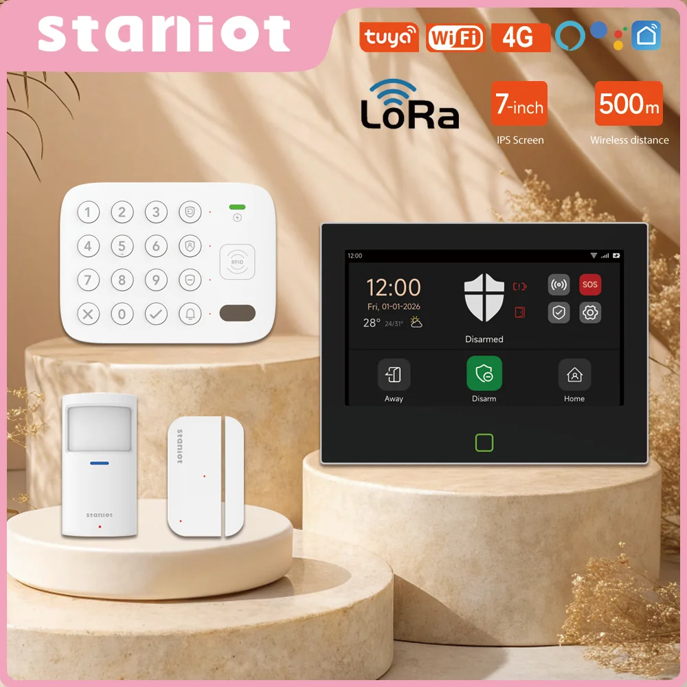Staniot 7 Zoll LoRa Schutzalarm-Set WiFi 4G Tuya Smart Home Diebstahlschutz-Alarmsystem 5000mAh Haussicherheit Einbruchschutz Kompatibel mit Alexa