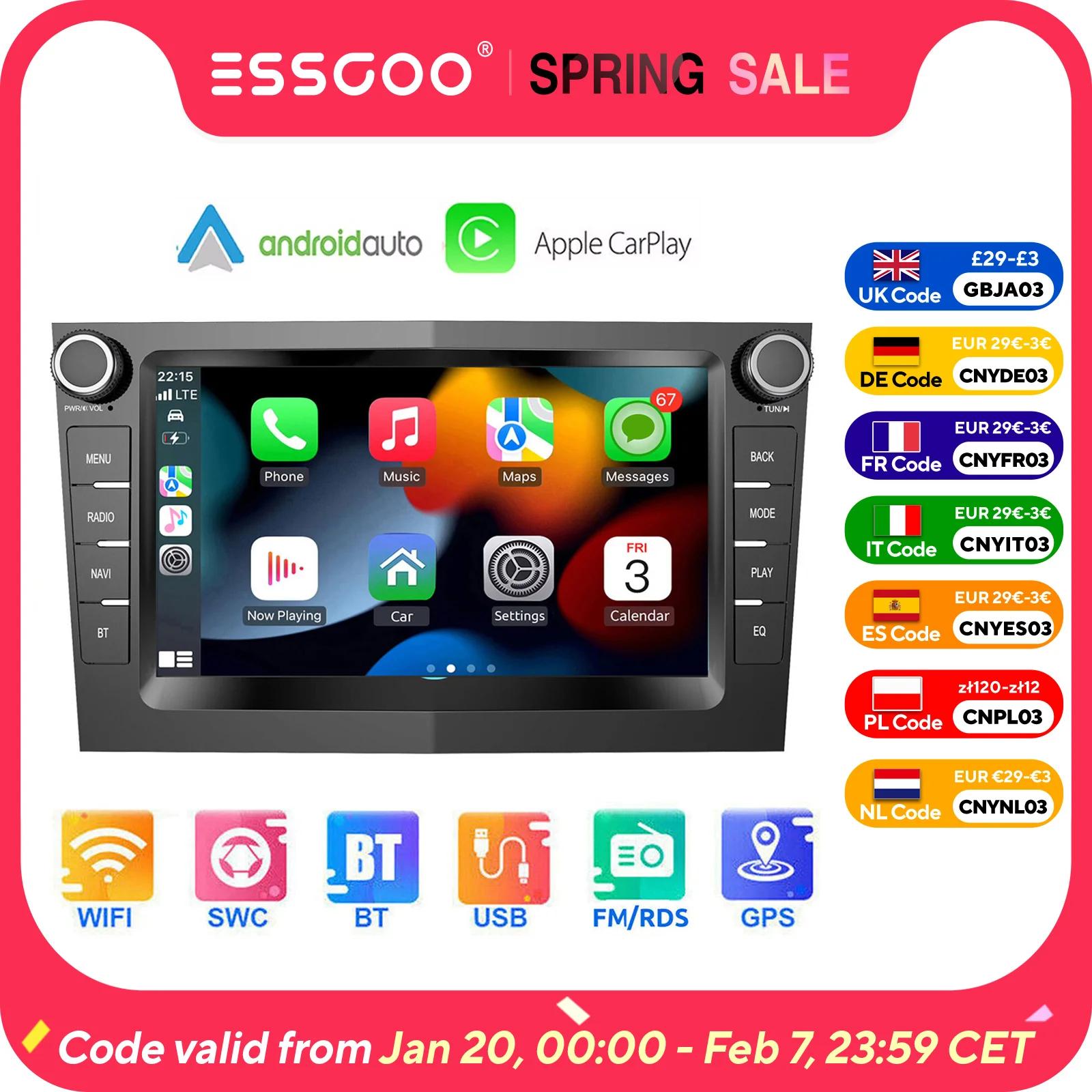 ESSGOO Android 13 4+64G Apple Carplay Car Stereo For Opel Vauxhall Astra H Zafira Meriva Vectra Corsa C D Combo GPS NAV RDS WiFi