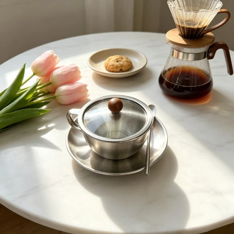 Vintage Stainless Steel Coffee Cup Saucer Set Industrial Style Metal Mug For Latte Cold Brew Afternoon Tea European Style