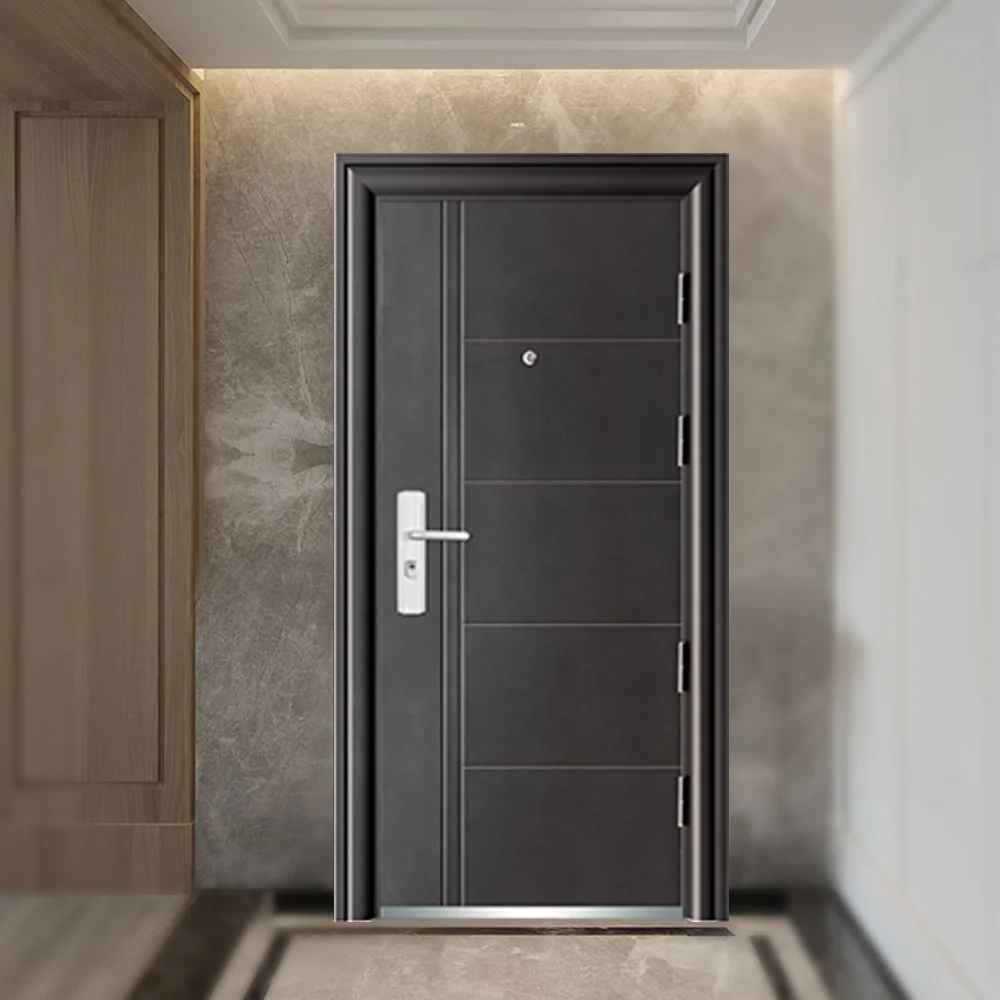 Modern Style Main Security Door External Black Metal Steel Entry Front Doors Exterior Black Door for House Villa