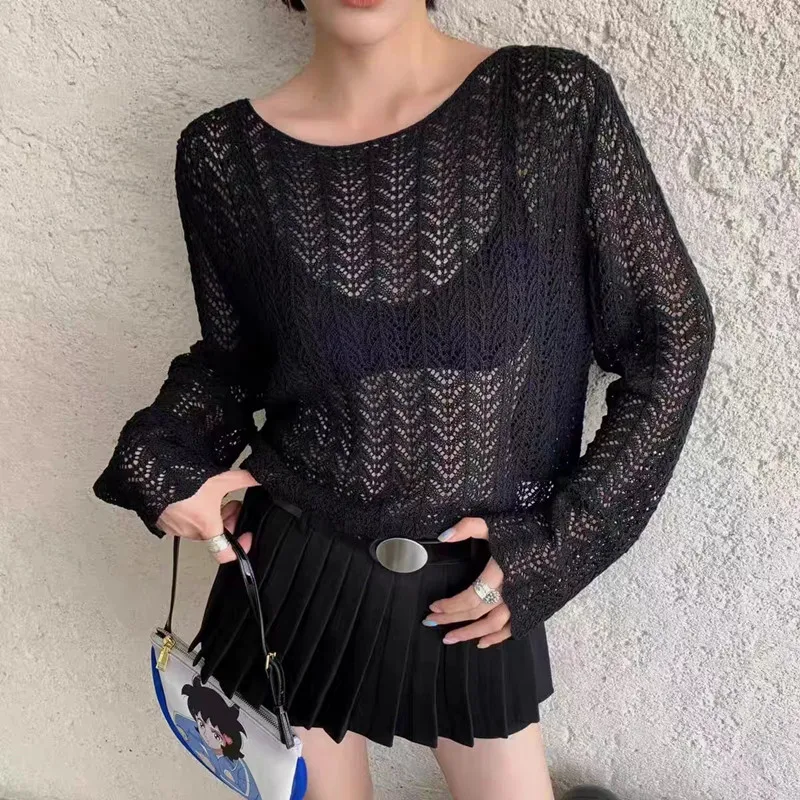 Black White Sheer Crochet Top Cover-Up Long Sleeve Open-knit Blouse Pullovers for Women Spring Summer Boho Vacation Outfit