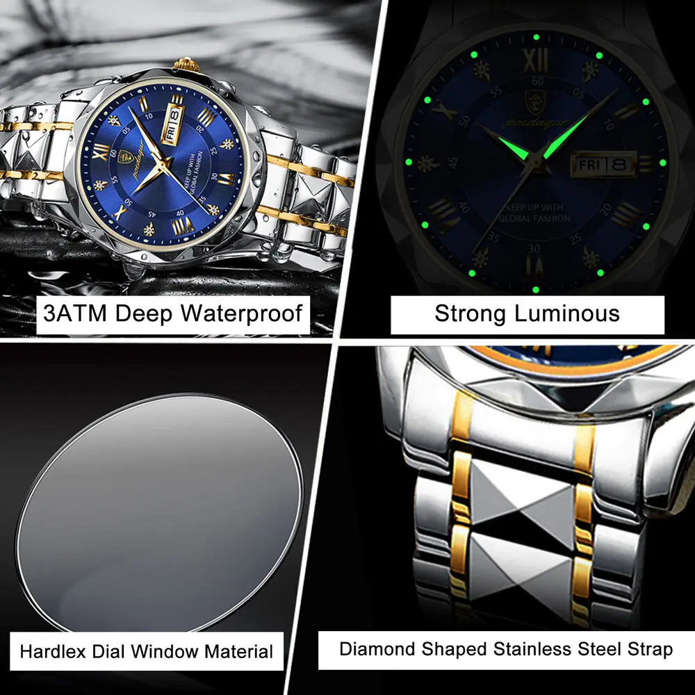 POEDAGAR Luxury Men‘s’ Quartz Movement Wristwatch Sports Waterproof Luminous Stainless Steel Strap Watch