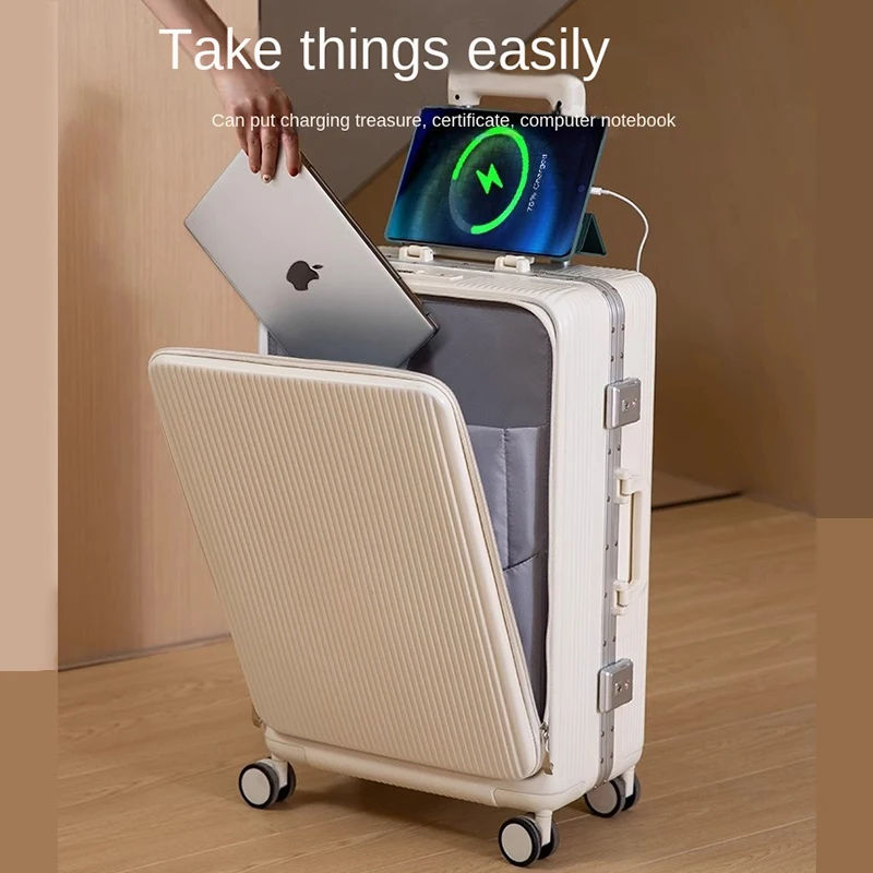 Aluminum Frame Front Open Luggage USB Charging Port with Cup Holder Trolley Suitcase 24" Universal Wheel 20"Travel Boarding Case