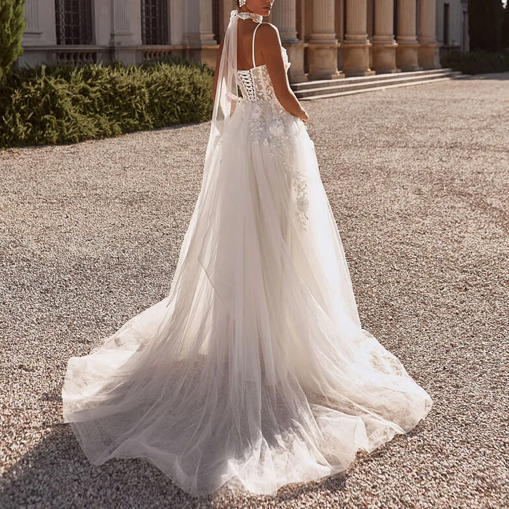 Customized Graceful Floral Lace Wedding Dress with Scarf Spaghetti Strap Corset Bridal Gown Tulle Summer Split Wedding Gowns