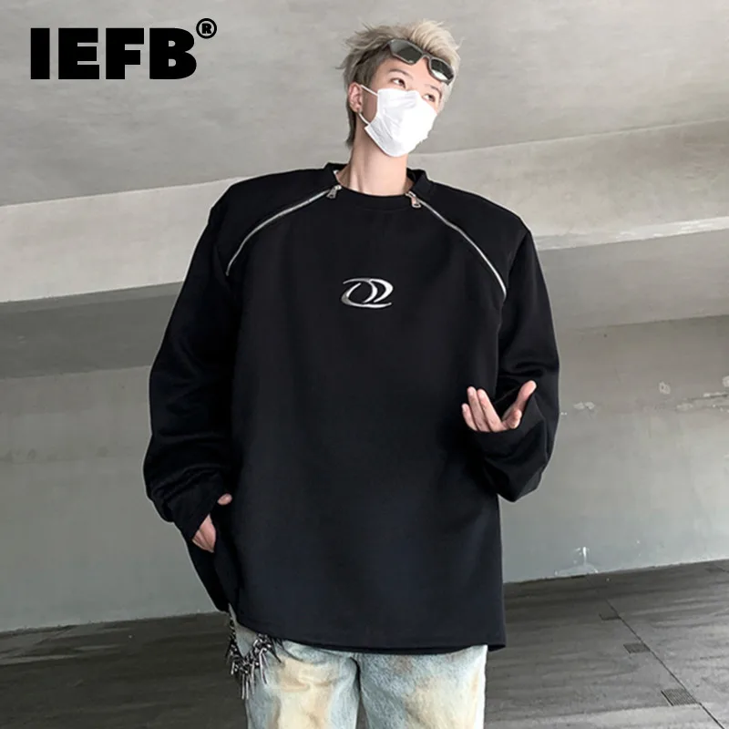 

IEFB Niche Design Men's Sweatshirts Casual Double-zipper Printing Shouder Pads Round Collar Male Pullover Tops New Autumn 9C6873