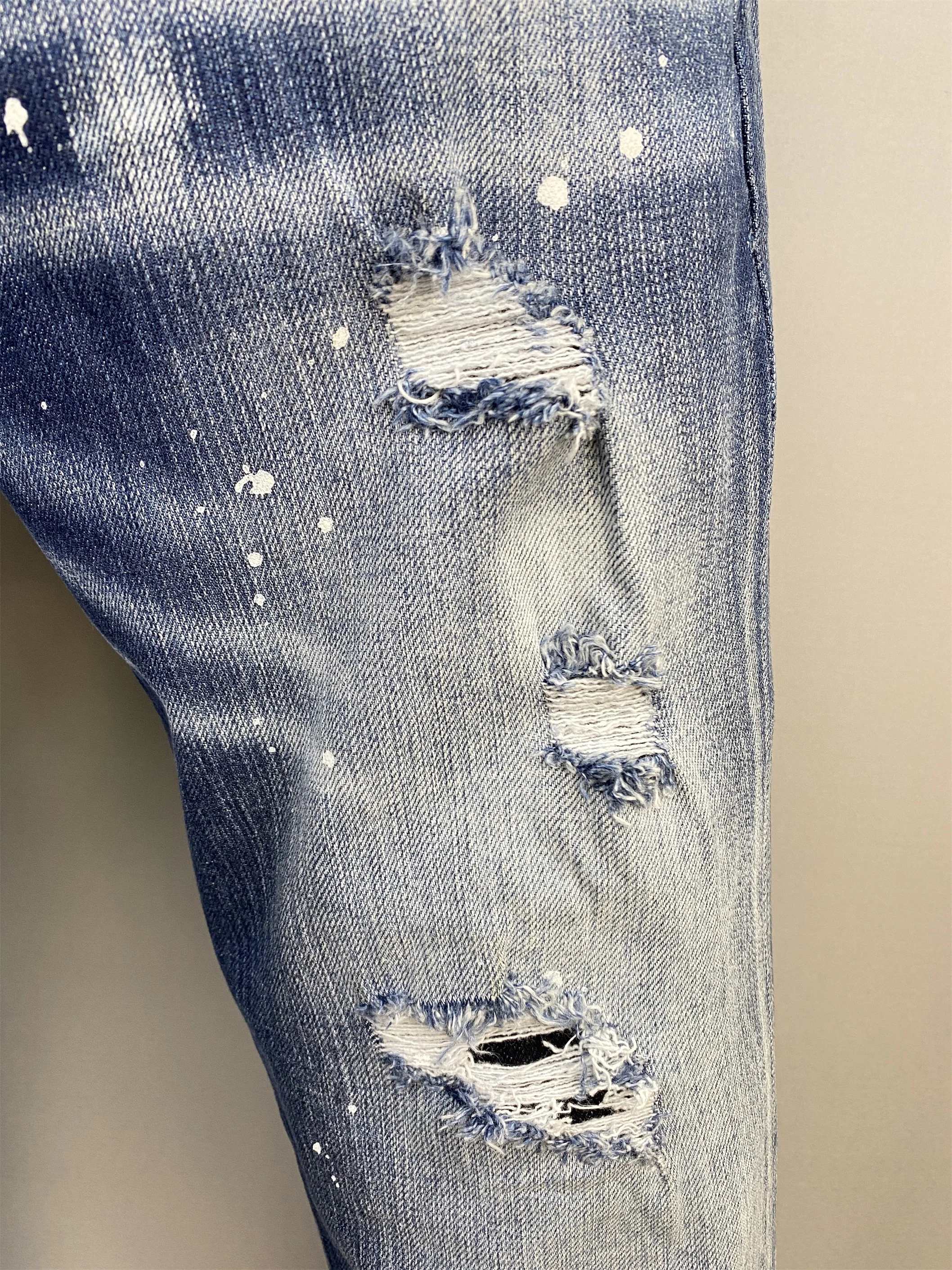 2024 Spring/Summer New D2 Jeans, Men's Washed and Worn Hole Patches, Paint, 3D Cutting, Slim Fit Blue