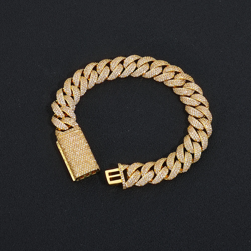NY 13mm 3 Rows of Diamonds Fashion Cuban Link Bracelet Iced Out Brass CZ Miami Rectangular Buckle Design Hip Hop Men Jewelry