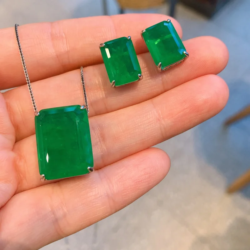 

Emerald Zircon Necklace Earrings Paraiba Green Light Rectangle Studs Pendant Wholesale
