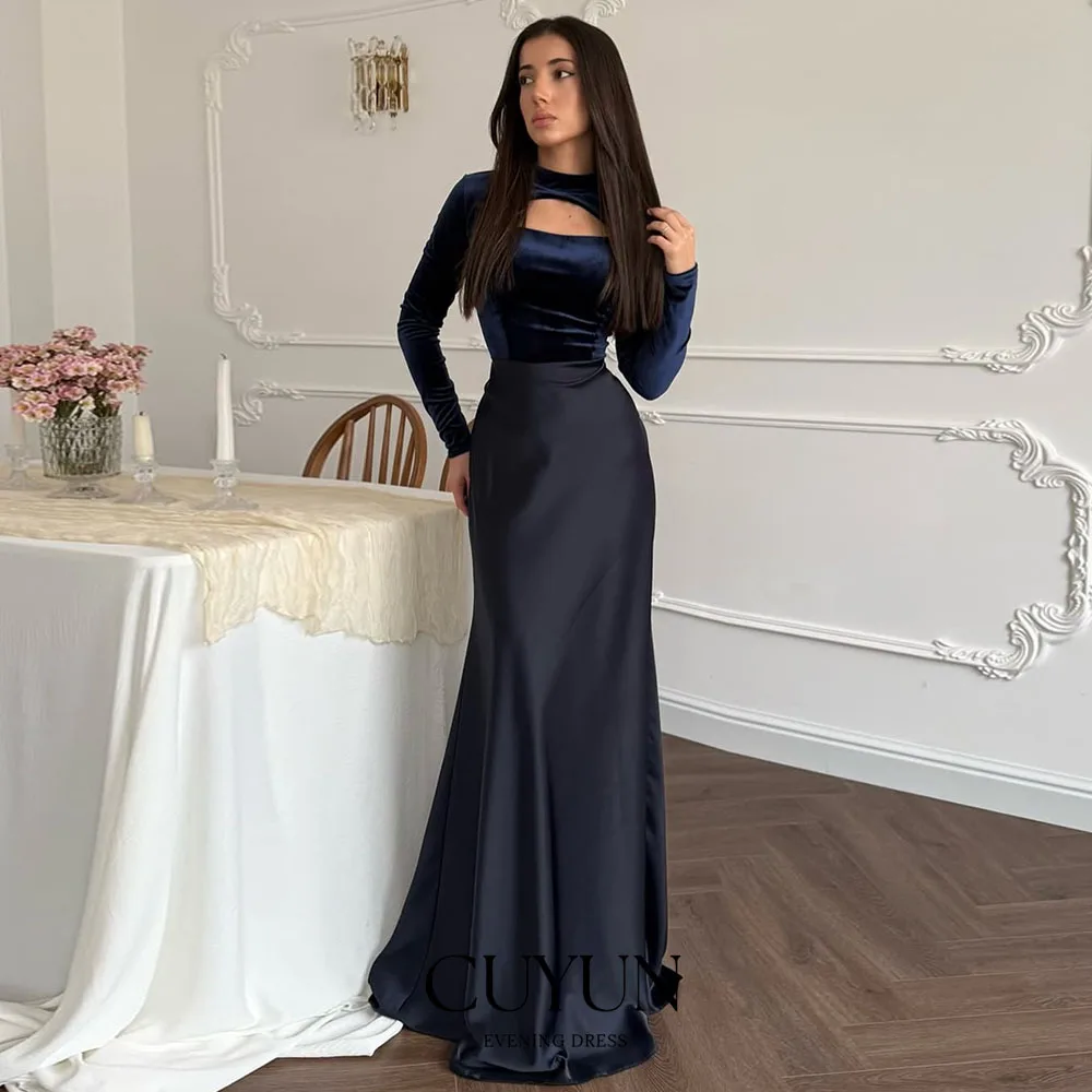 

CUYUN Long Sleeves Hollow Out Evening Dresses High Collar Elegant Party Dress Corset Back Customized Wedding Guest Dresses Lady
