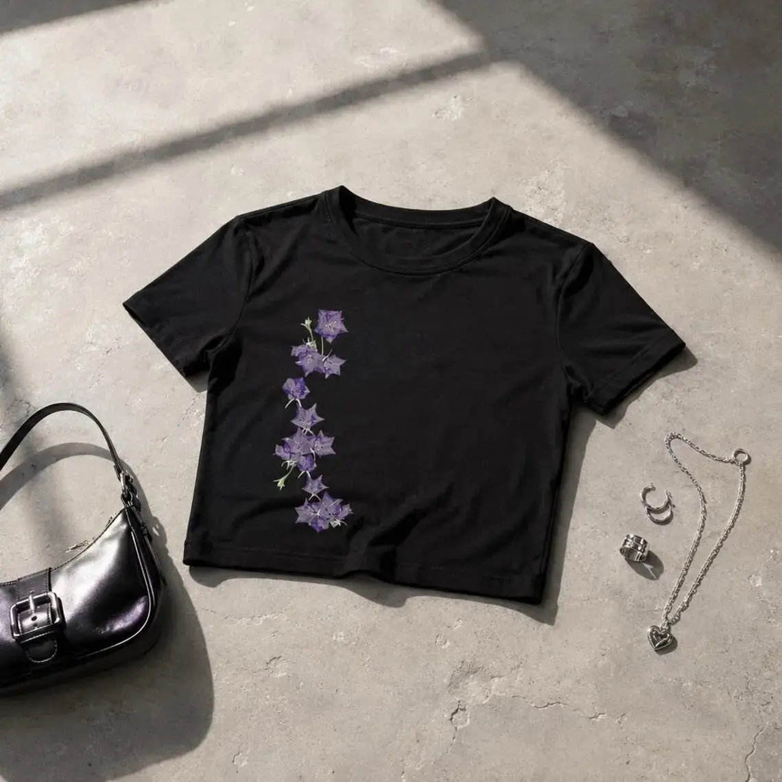 Y2K Grunge Women Crop Top Vertical Purple Bellflower Print Round Neck Short Sleeve Slim Tee Alt E-girl Gothic Streetwear T-shirt