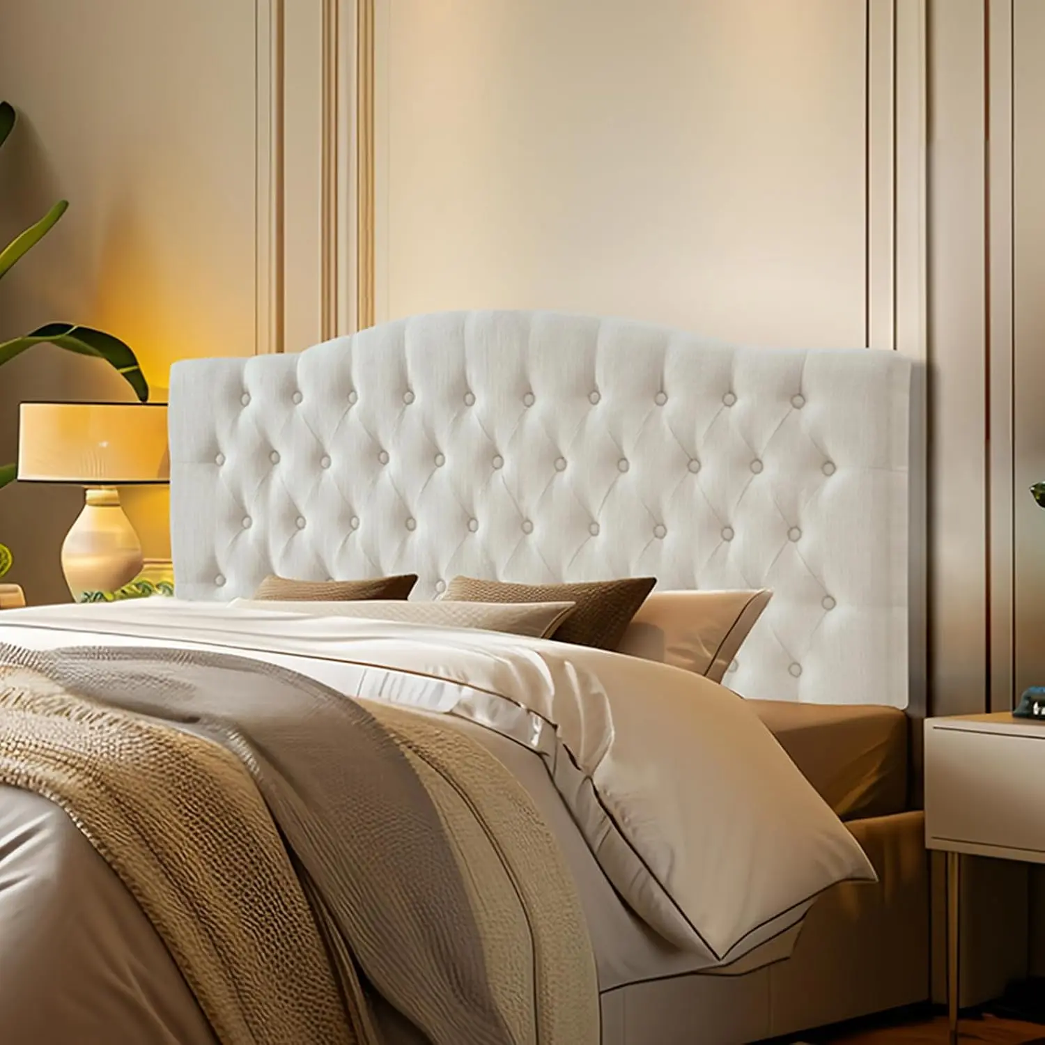 Linen Upholstered Queen Full Bed Headboard Tufted Button High-Density Sponge Padding Luxury Texture Easy Assembly, Customized