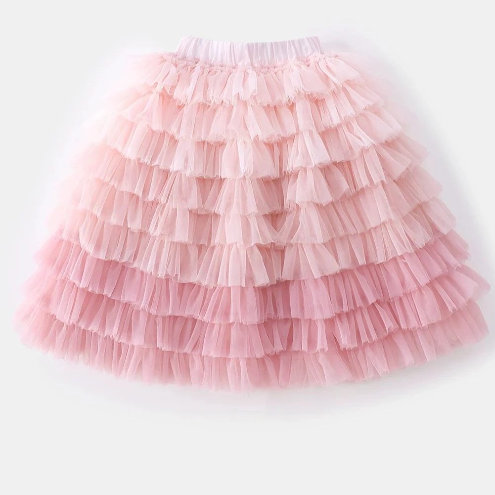 Girls Gradient Pink Tiered Tulle Skirts Kids Long Cake Tutu Skirt Princess Fluffy Mesh Half Skirt for Birthday Party Daily Wear
