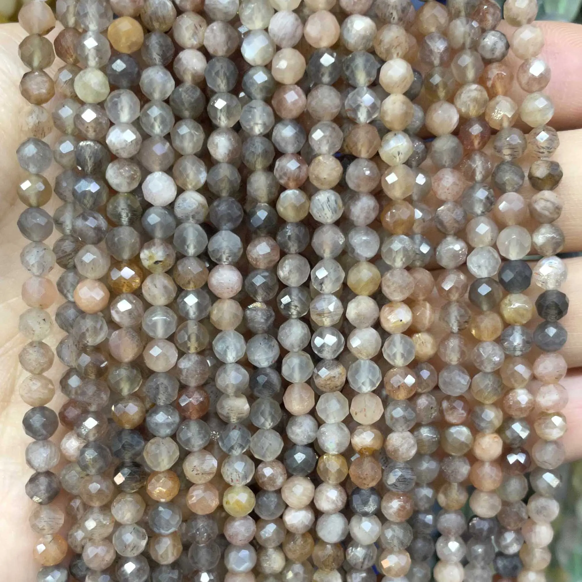 Natural Stone 3 4MM Faceted Black Sunstone Moonstone Spacer Round Beads For Jewelry Making Diy Bracelet Necklace Accessories