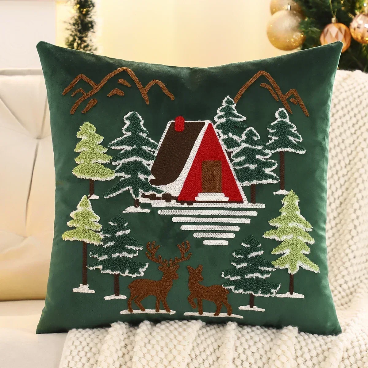 

1 PC Christmas Tree Deer Hill Throw Pillow Cover Velvet Embroidery Christmas Decoration Living Room