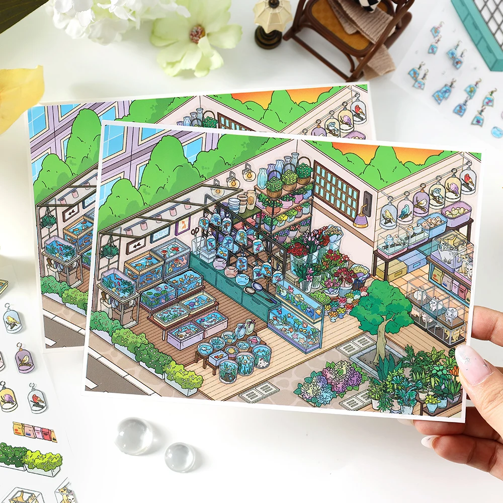 Esposizione d'arte Kawaii 3D Giardino caffè Paesaggio Adesivo Fai da te Scena di cabina tascabile Regali di Natale ﻿