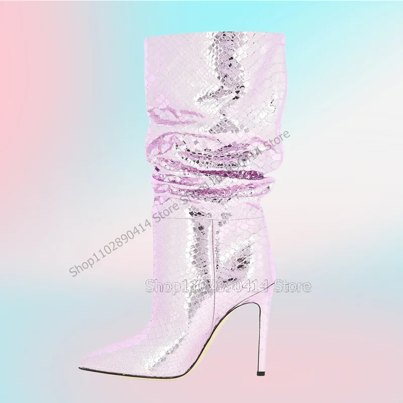 

Pink Lychee Print Pleated Pointed Toe Boots Slip On Women Shoes Thin High Heels Novel Fashion Banquet 2023 Zapatos Para Mujere