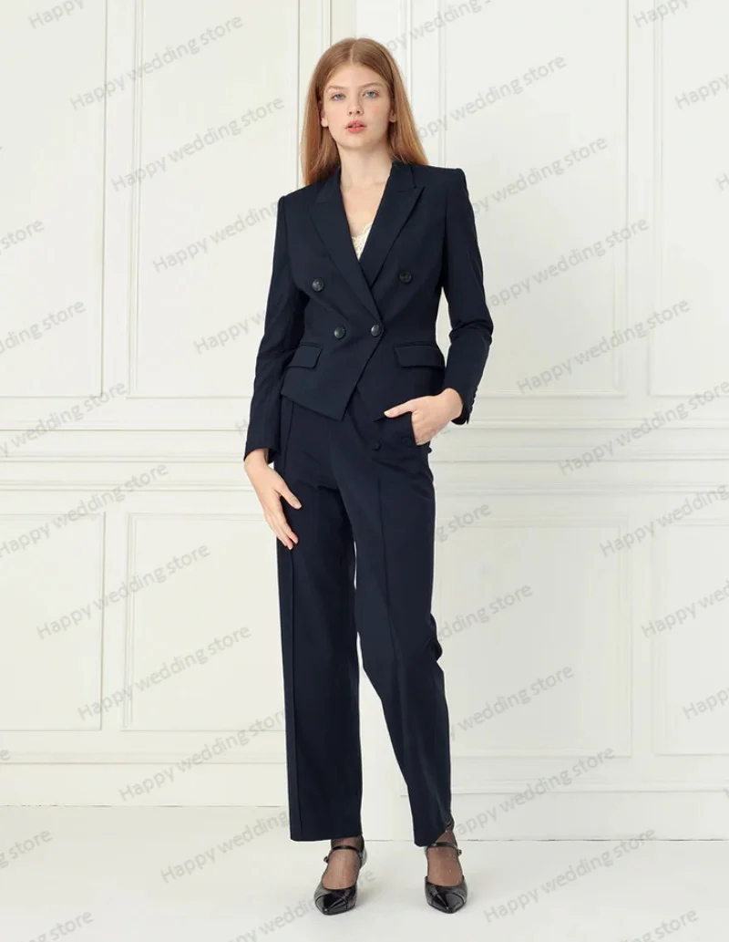 

Navy Blue Formal Women Suit Pants Set 2 Piece Blazer+Trousers Buttons Business Double Breasted Tuxedo Office Cotton Jacket