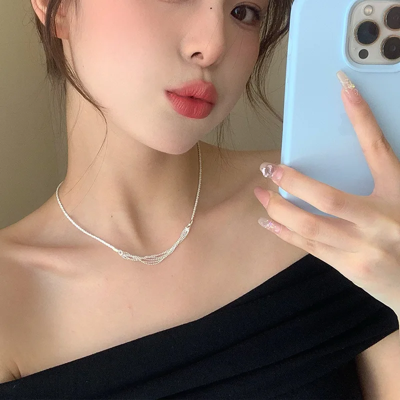 

S925 Silver Multi-layer Sparkling Necklace Female Niche Ins Internet Celebrity Blogger Same Temperament Collarbone Chain 7354J