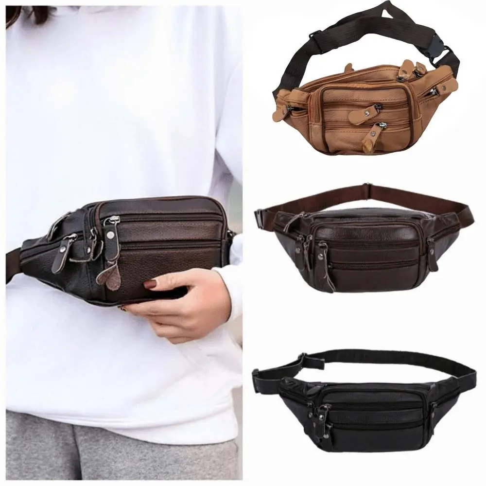 Solid Color Genuine Leather Fanny Bag Multi-layered Waterproof Men's Chest Pouch Large Capacity Zipper Travel Waist Bag