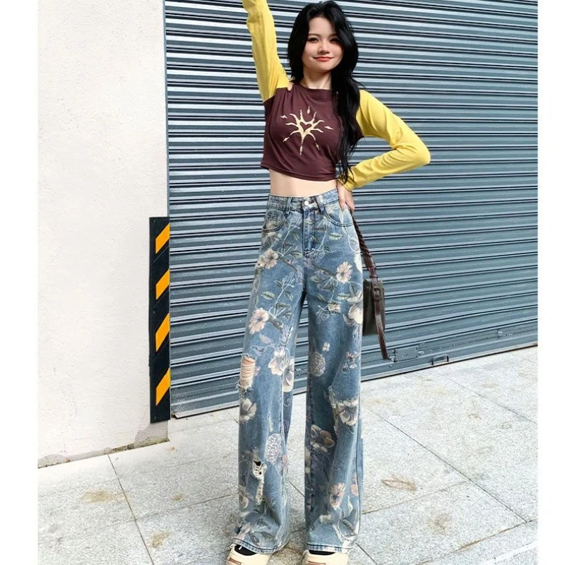 Jean Y2k pour femme, imprimé rétro américain, déchiré, ample, jambe droite, longueur au sol, Streetwear, nouvelle collection été 2025