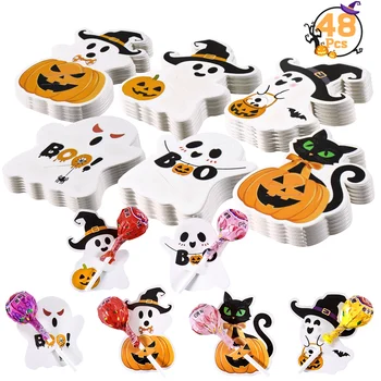 48pcs Halloween Lollipop Holder Cards Cute Pumpkin Ghost Pattern for Birthday Halloween…