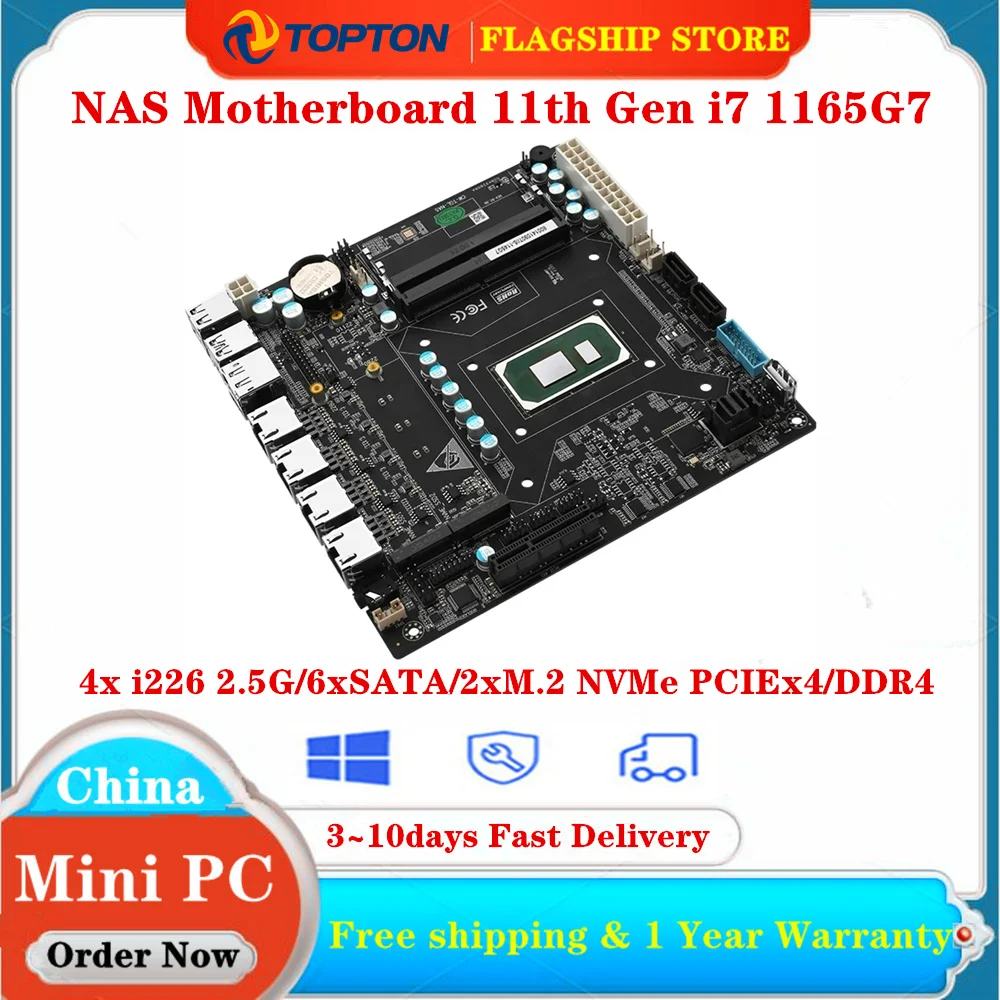 11th Gen 6 Bay NAS Motherboard Intel i7 1165G7 i5 1135G7 i3 1115G4 4x i226 2.5G 6xSATA 2xM.2 NVMe PCIEx4 Mini ITX Firewall Board