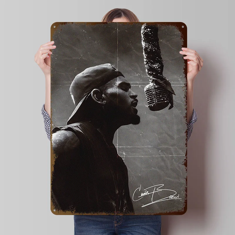 Chris Brown Singing Into Microphone Printed Poster Customized Retro Wall Art Vintage Metal Tin Signs for Gaming Room Decoration