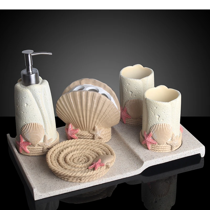 Summer Style Resin Bathroom Accessories 5 Pcs/set Portable Soap Dispenser Beach Shells Lotion Bottle Toothbrush Holder Dish