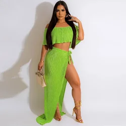 Elegant Two Piece Set for Women Maxi Dress Sets Clubwear Slash Neck Ruffles Crop Top and Long Skirts Beach Club Holiday Outfits