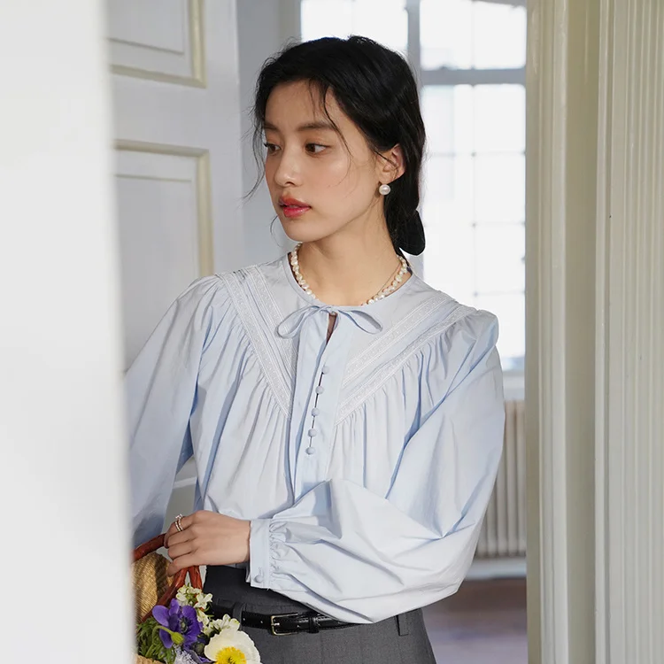 

Gagarich French Retro Round Neck Bow Tied Shirt Women Long Sleeved Autumn Outfit New Loose Slim Versatile Chic Top
