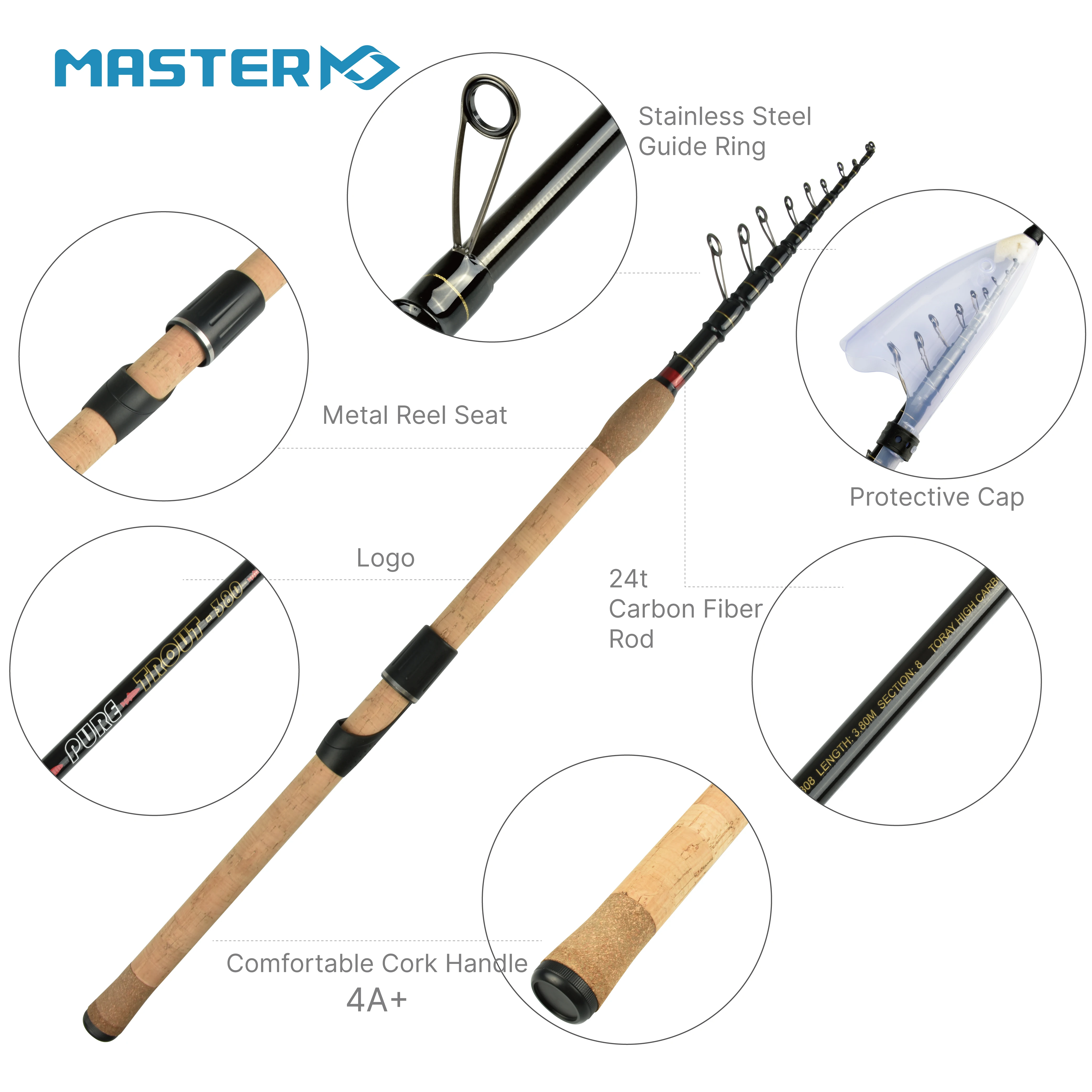 Master Logic Telescopic Fishing Rods 300g/3.8m High Carbon Fiber 30 T Cork Light Handle Trout Perch Panfish Catfish Fishing Rod