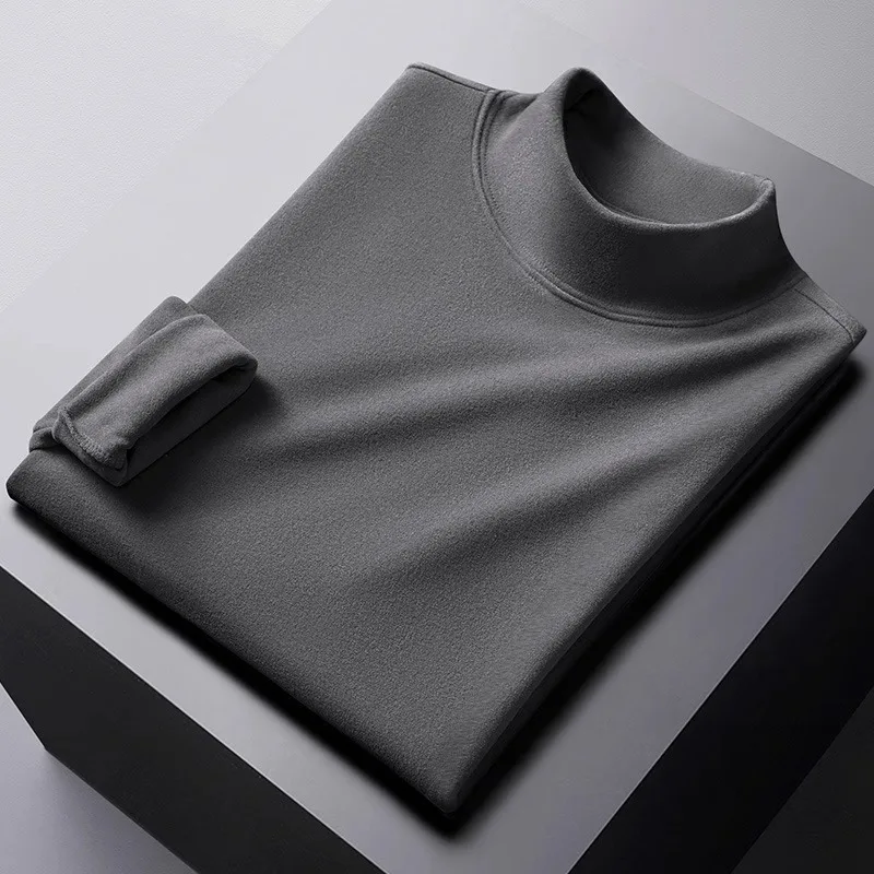 Men's Slim Fit Long Sleeve T-Shirt Half High Collar Fleece Lined Base Shirt Spring Autumn Winter Korean Trend Pure Color Over...