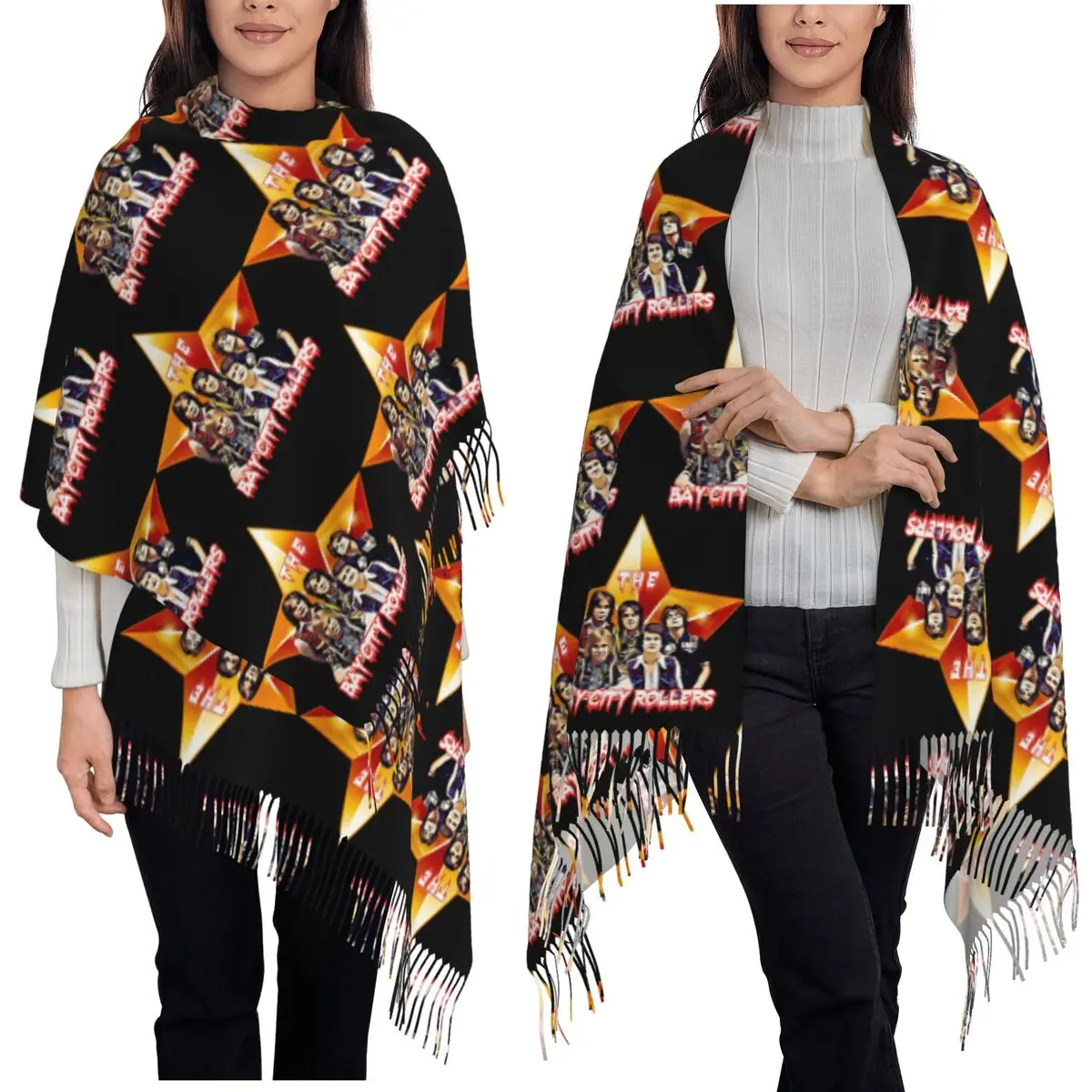 

Vintage Band Bay City Rollers Music Rock Scarf Tassel Scarves Women Soft Warm Shawls and Wraps Long Fall Winter Shawl Wrap